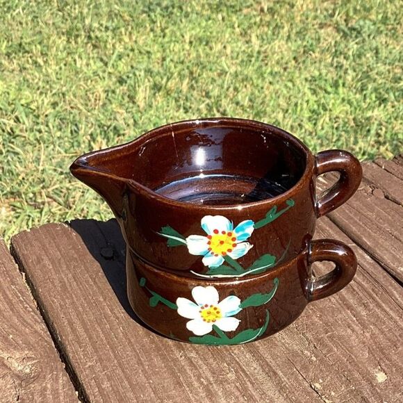 Vintage Japan Mini Creamer & Sugar, Brown Floral Hand-Painted, 1950s–70s - Picture 1 of 5